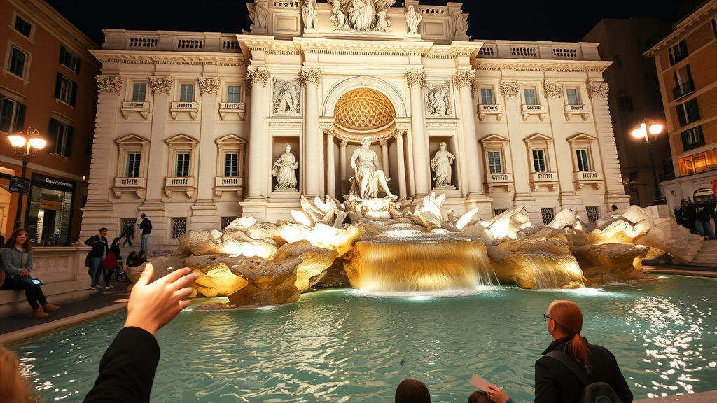 A vibrant view of the Trevi Fountain at night, showcasing its elaborate sculptures and illuminated waters.