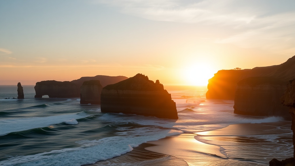 The Twelve Apostles at sunset, showcasing limestone stacks along the coastline with waves crashing.