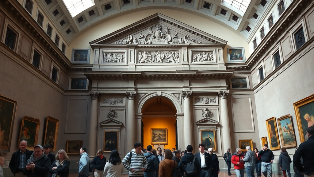 Interior of the Uffizi Gallery in Florence, featuring art and visitors.