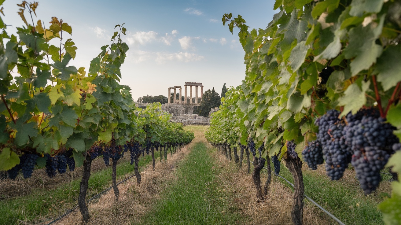 Vineyards in Nemea, Greece, with grapes ready for harvest and ancient ruins in the background.