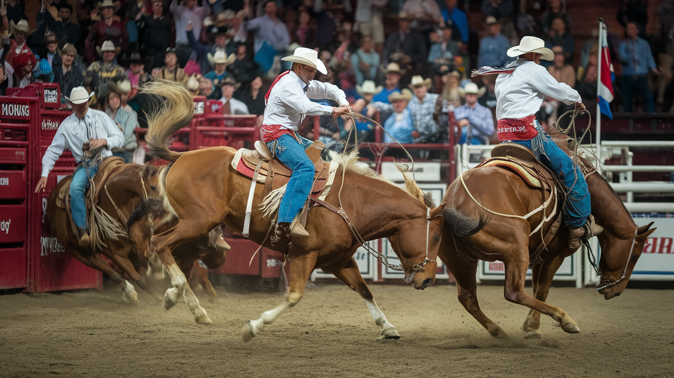 A lively rodeo scene with cowboys on horses and a cheering crowd.