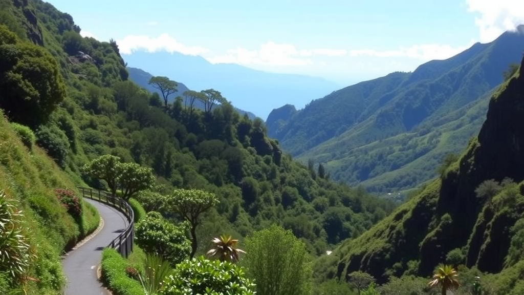 A scenic view of Madeira's levadas surrounded by lush greenery and mountains.