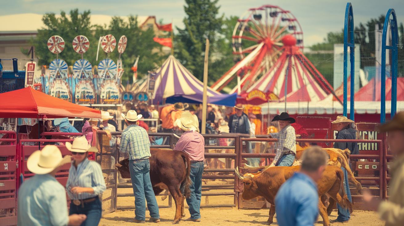 Cheyenne Frontier Days showcasing rodeo riders, carnival rides, and a festive atmosphere