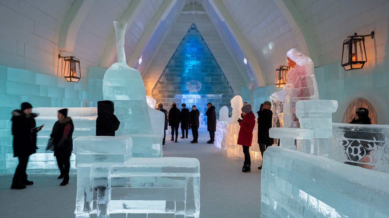 Interior of Icehotel in Sweden with ice sculptures and guests