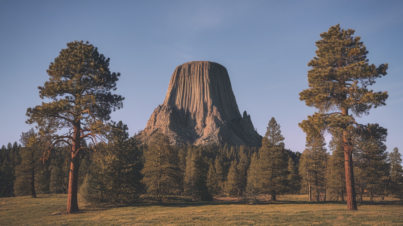 A view of Devils Tower with trees in the foreground and a clear blue sky.