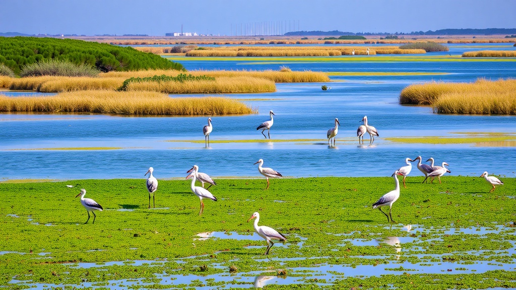 A scenic view of Ria Formosa Natural Park with birds in the water and lush greenery.