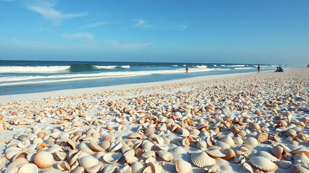 A picturesque beach on Sanibel Island covered with seashells and gentle waves in the background.