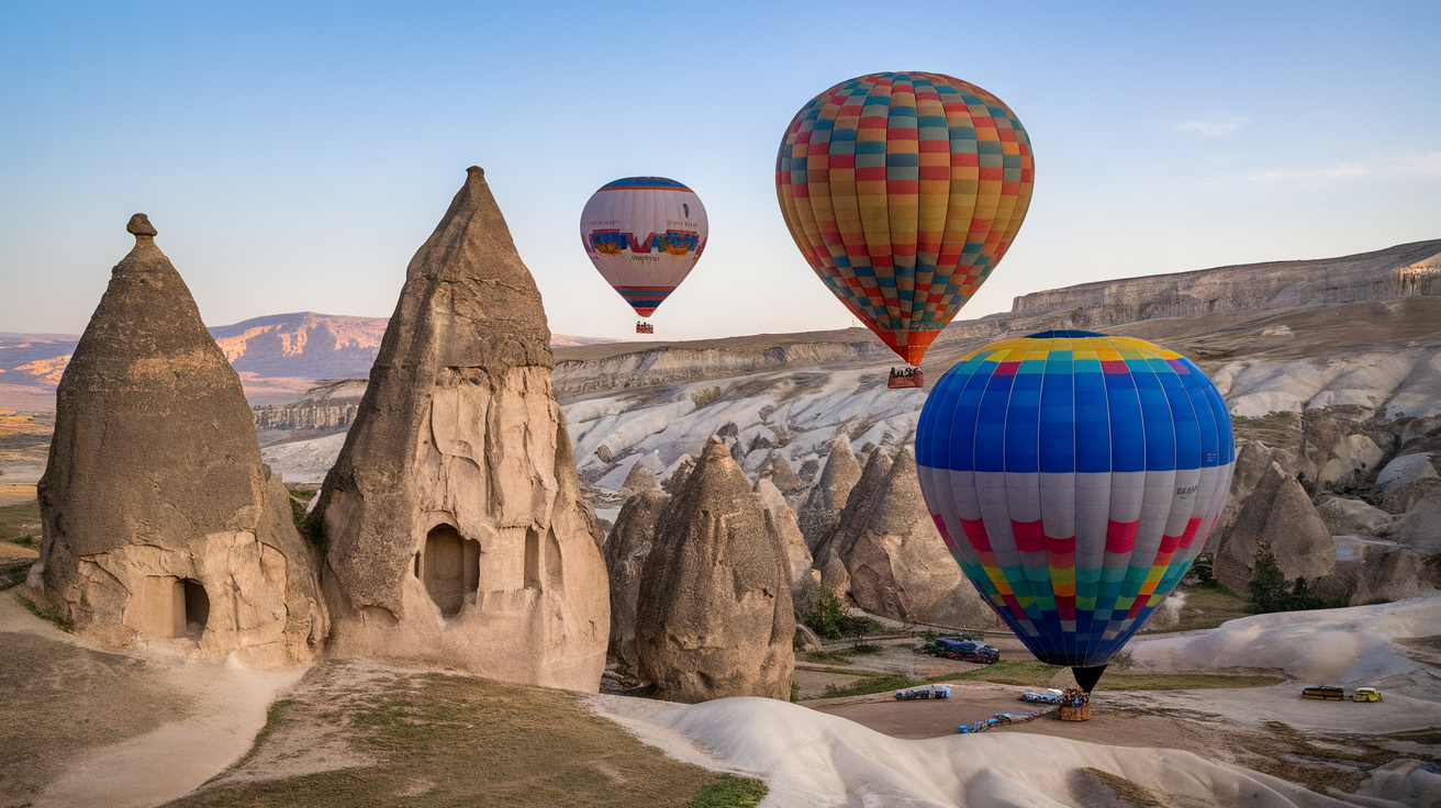 Hot air balloons flying over unique rock formations in Cappadocia, Turkey