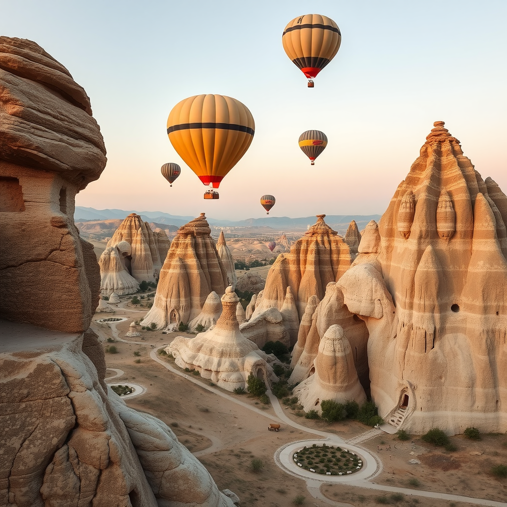 Colorful hot air balloons flying over the unique rock formations of Cappadocia, Turkey.