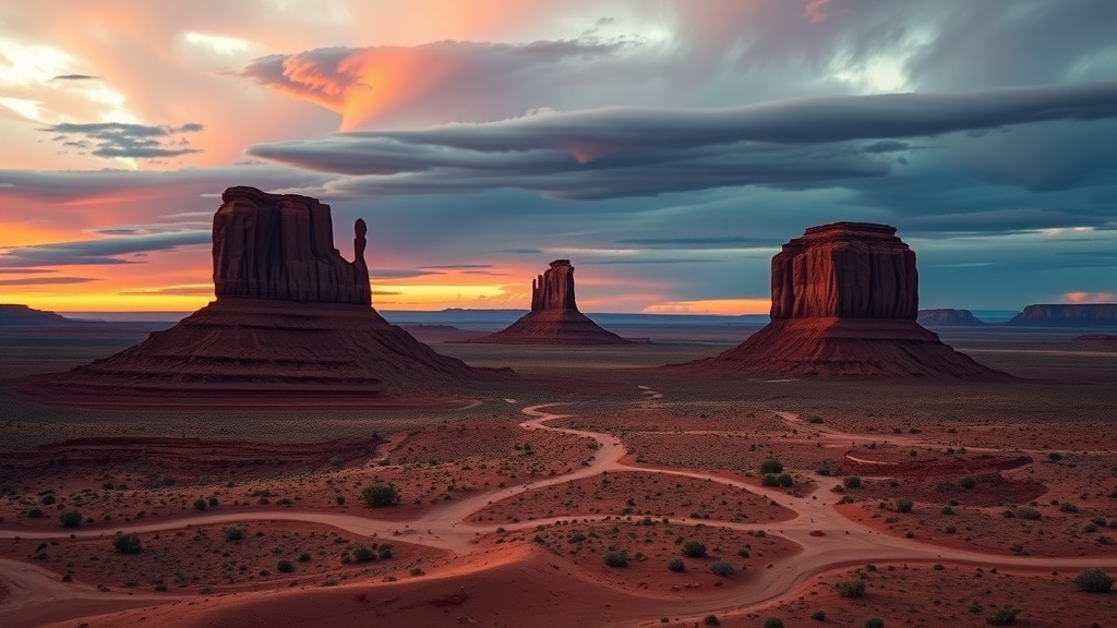 Sunset at Monument Valley showcasing unique rock formations with vibrant colors in the sky.