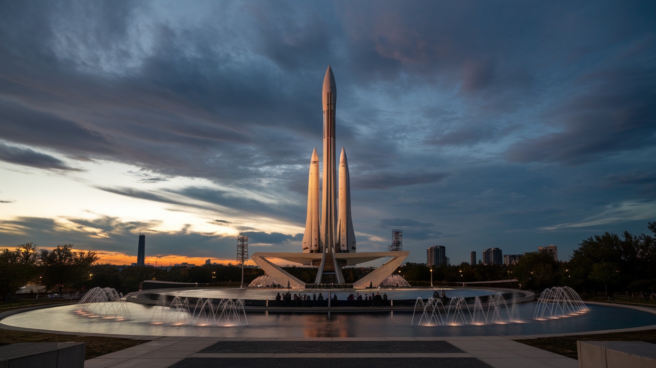 A stunning view of the Space Monument in Moscow during dusk with fountains in front.