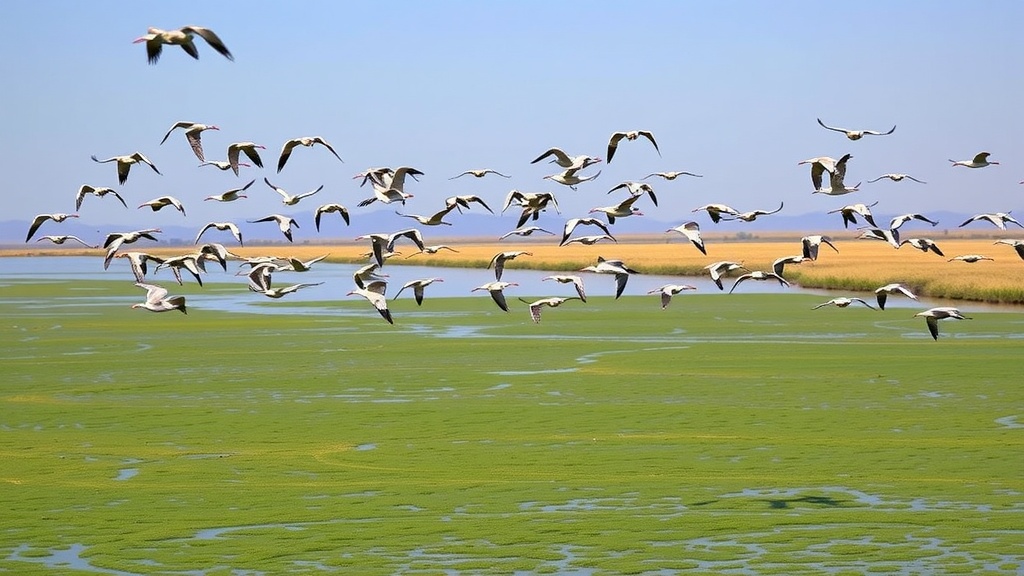 A flock of birds flying over the green waters of Bosque del Apache.