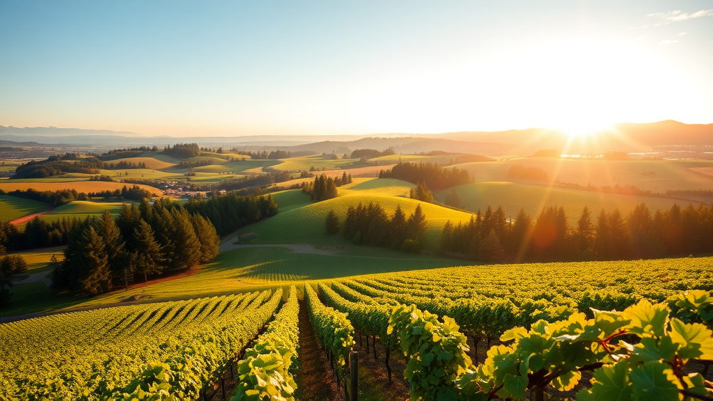 Scenic view of the Willamette Valley vineyards at sunset