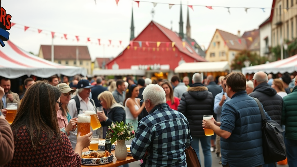 People celebrating at a festival in Stuttgart, enjoying drinks and food.