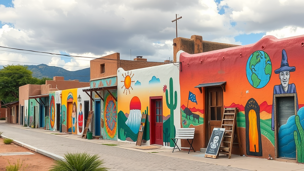 Colorful street art on buildings in Taos, New Mexico.