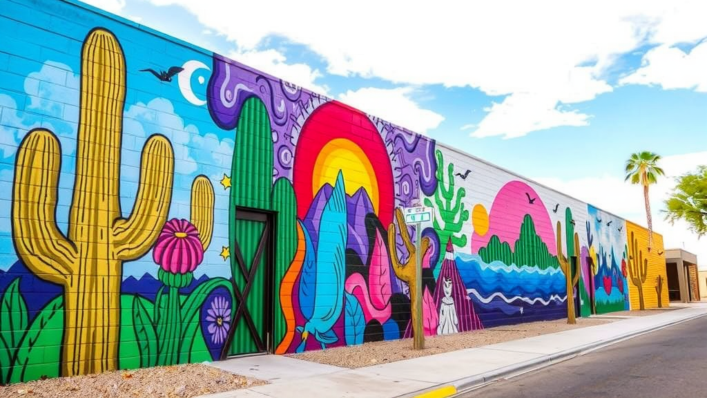 Colorful murals and art installations in Tucson with a large white sign that reads 'TOION'.