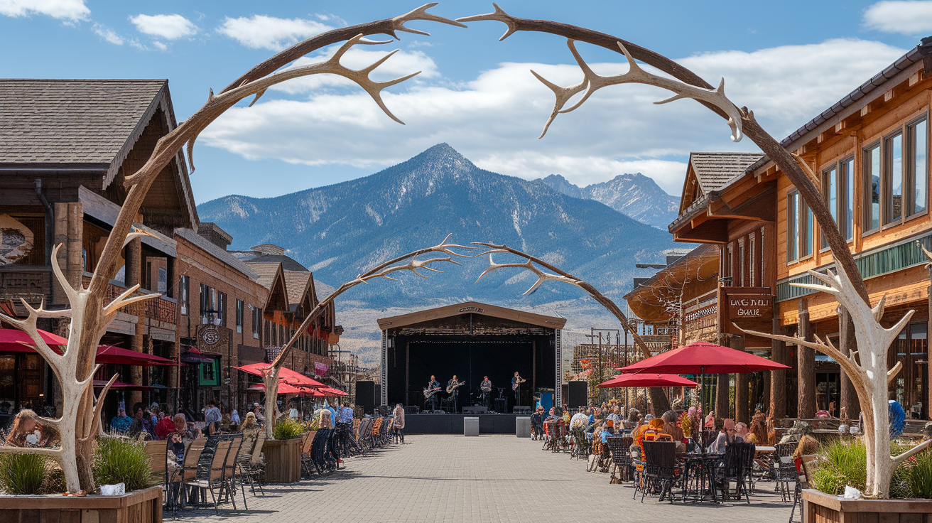 A lively outdoor scene in Jackson Hole with an artist performing and people gathered.