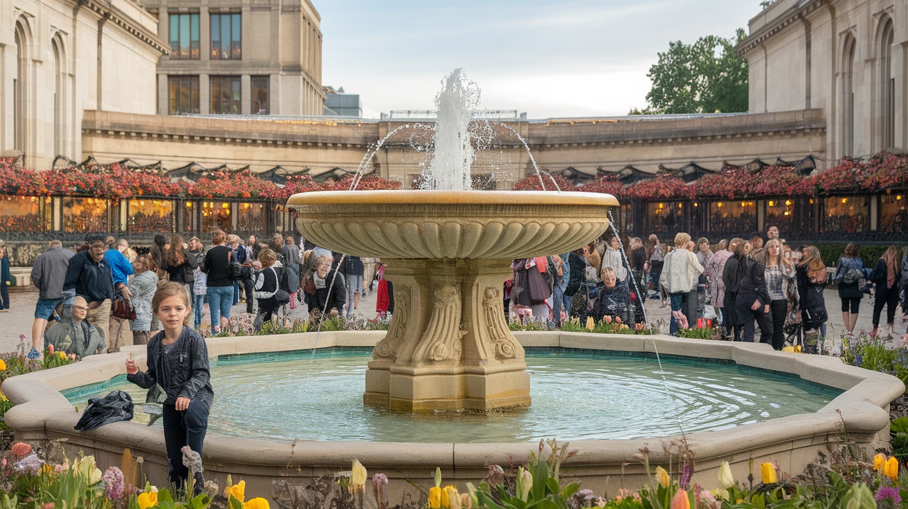 A lively scene at Bethesda Terrace in Central Park featuring a fountain and crowds of people.