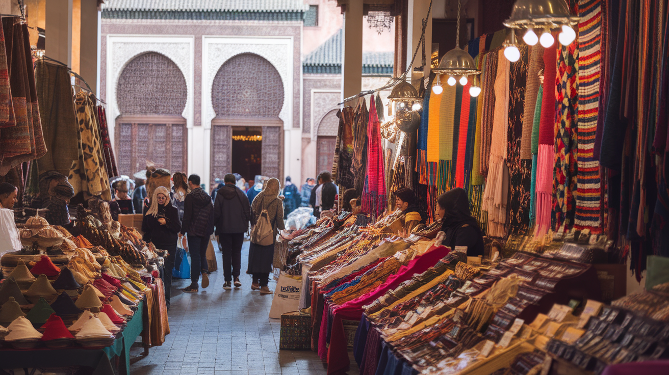 Colorful souk in Marrakech filled with textiles and local vendors.