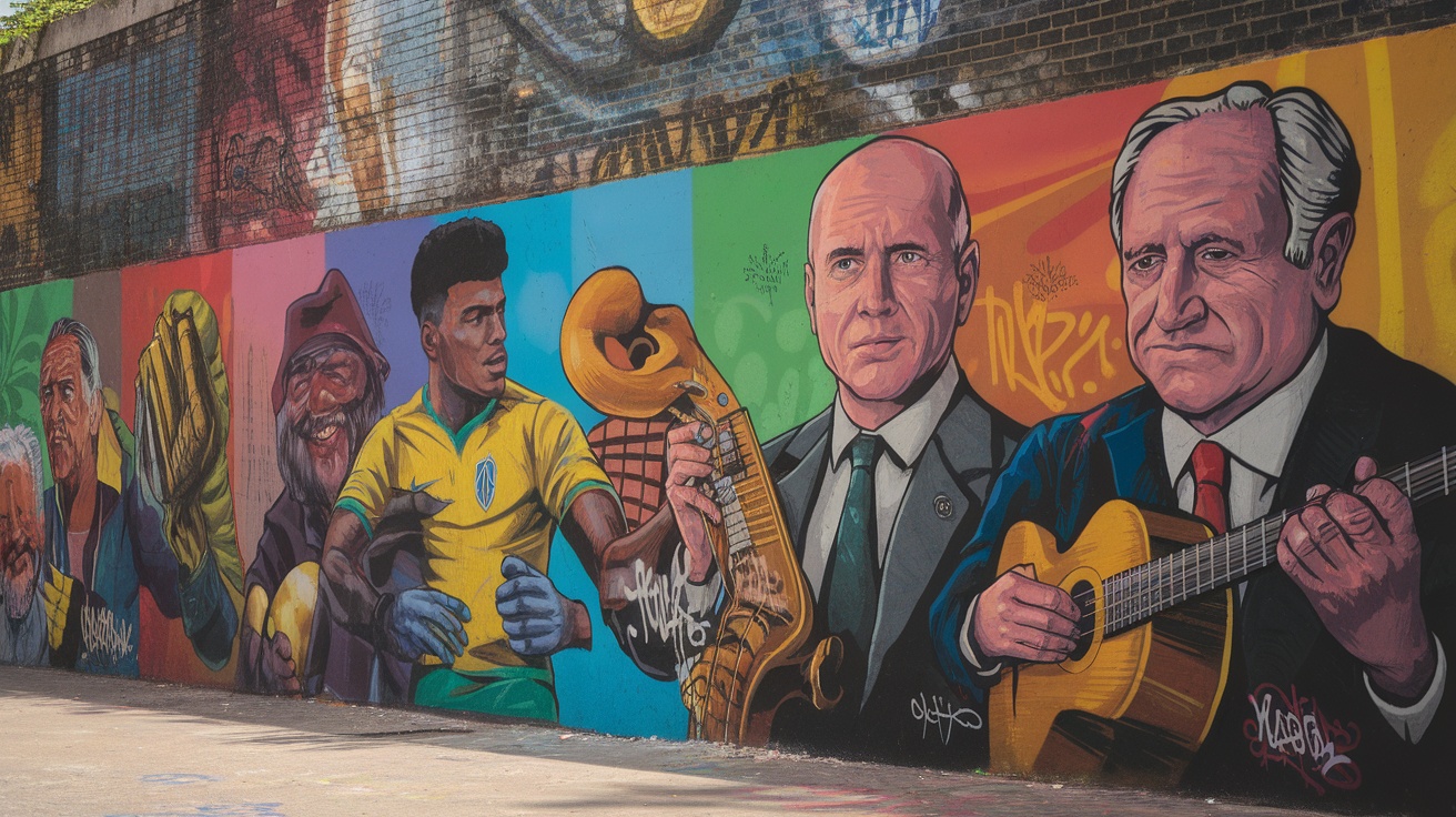 Colorful street art mural featuring famous figures in São Paulo.