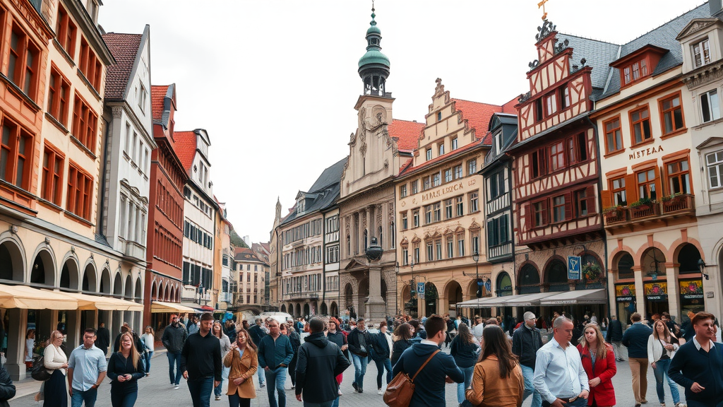 Crowded street in Munich with colorful buildings and people walking