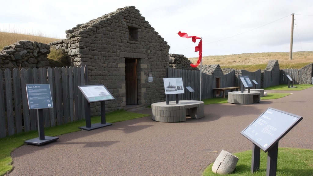 Exterior view of Reykholt historical site with informational signs.