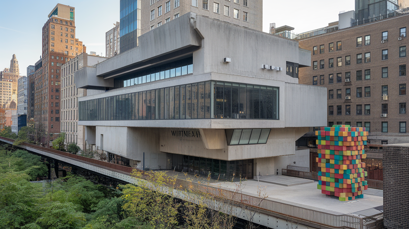 Exterior view of the Whitney Museum of American Art with colorful sculptures.