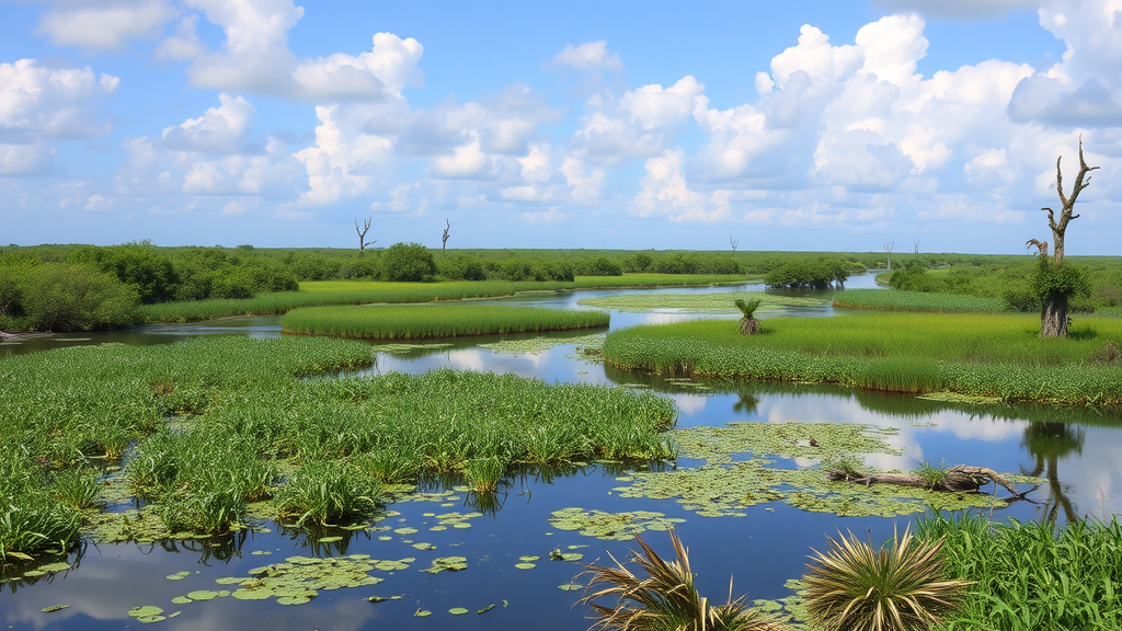 A stunning view of the Everglades featuring alligators, lush vegetation, and a serene water landscape.