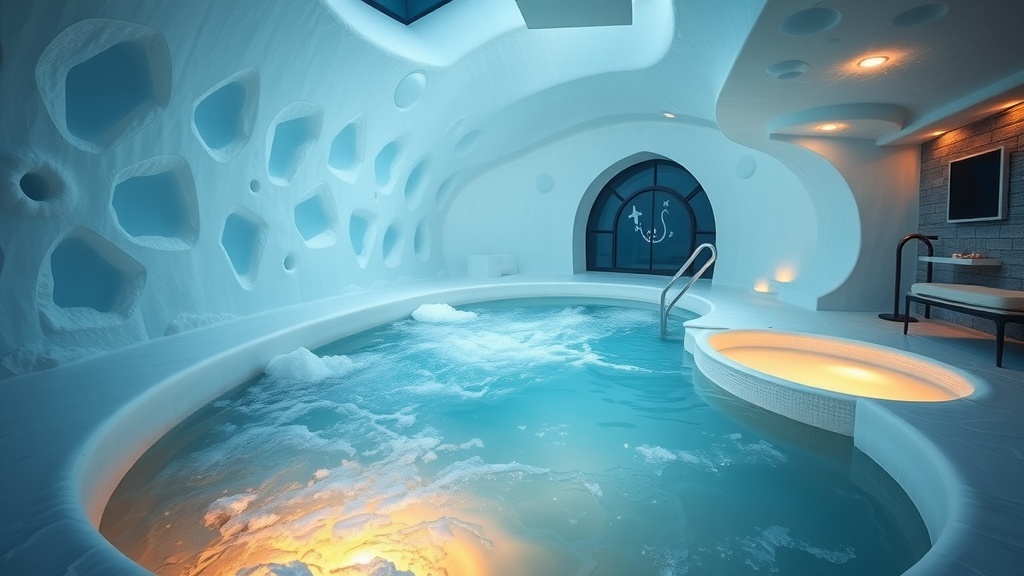 A warm thermal pool in an ice hotel with icy walls and soft lighting