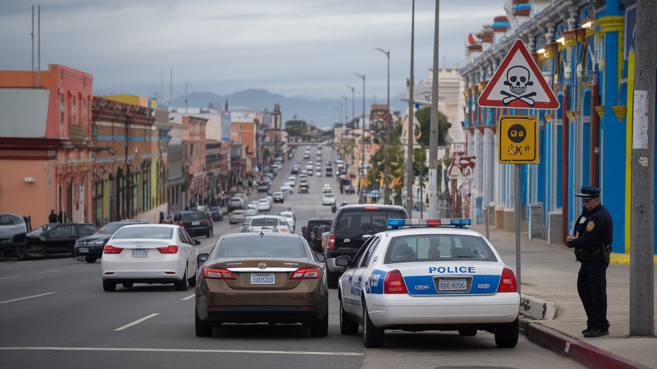 Street scene in Tijuana at night showing police presence and safety signs