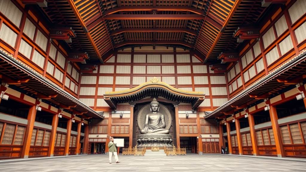 Interior view of Todai-ji Great Buddha Hall showcasing the massive Buddha statue and wooden architecture.