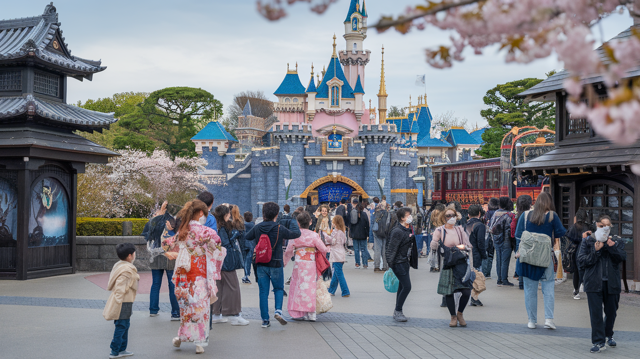 A lively scene at Tokyo Disneyland featuring the castle, cherry blossoms, and visitors in colorful attire