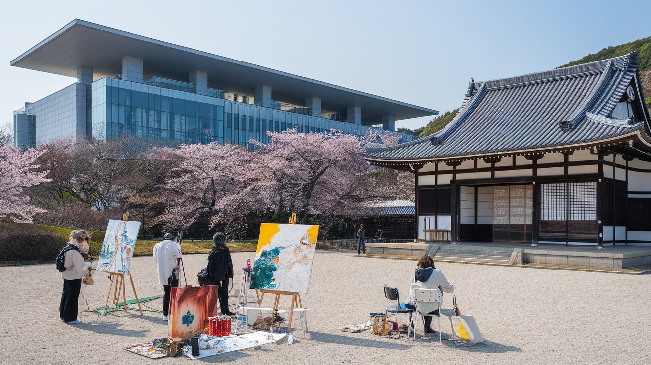 Artists painting in a park with cherry blossoms and contrasting modern architecture in the background.