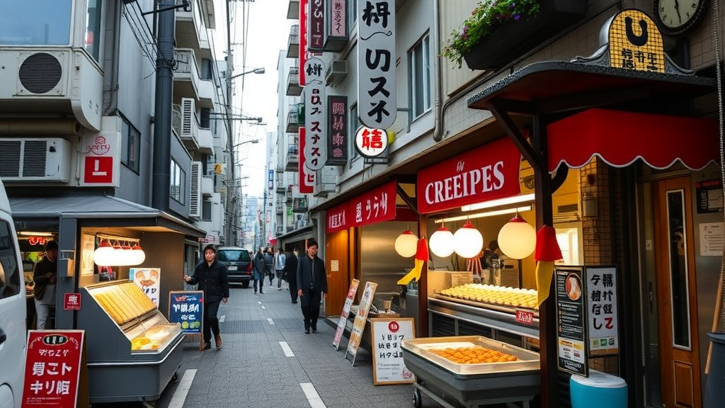 Street food stalls in Tokyo featuring crepes and various snacks.