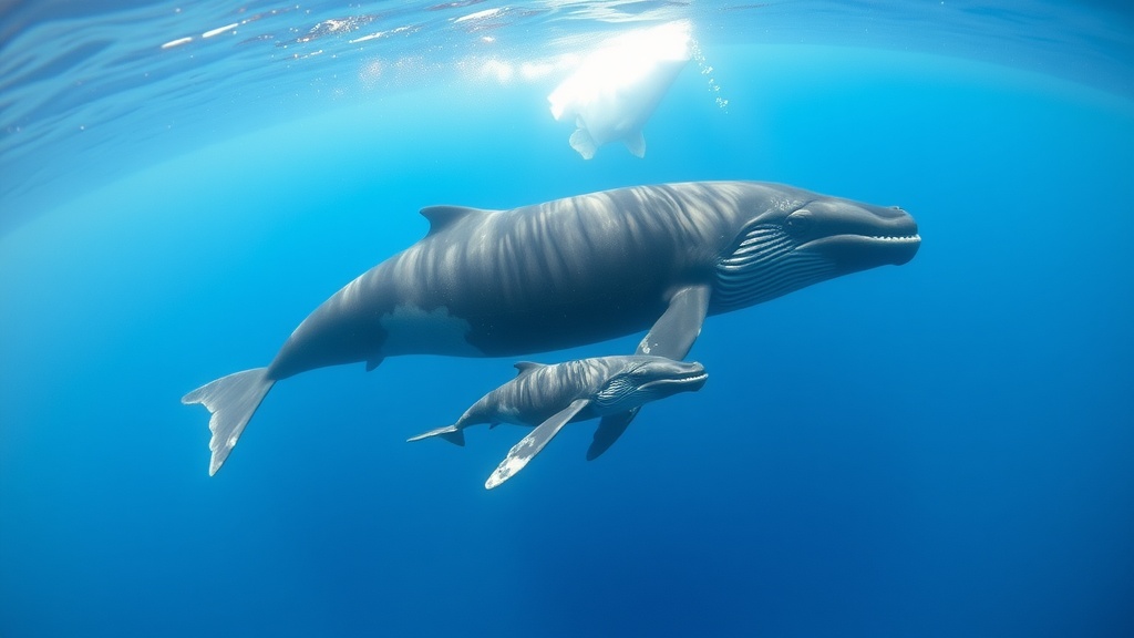 A humpback whale and its calf swimming in clear blue water.