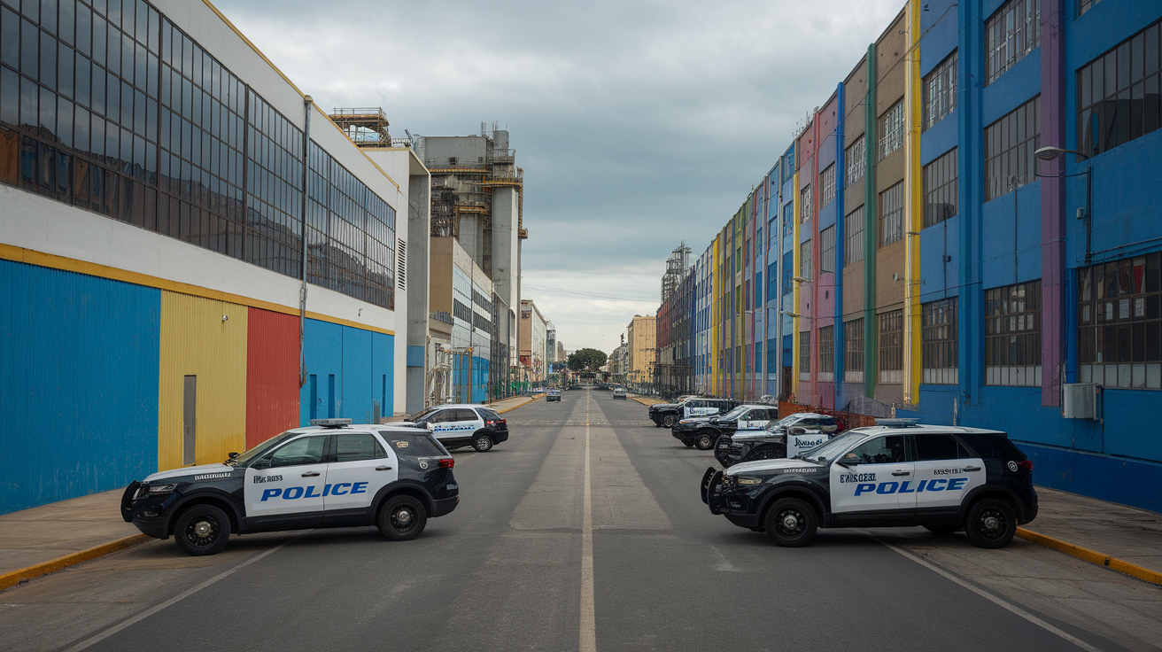 Security personnel at a railway entrance in Torreón, Mexico, highlighting the industrial environment.