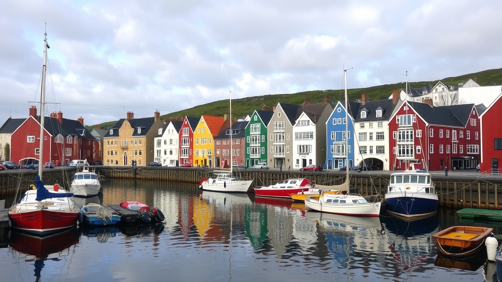 Colorful houses and boats in Torshavn's harbor.