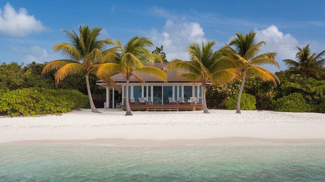 A beautiful beachfront property surrounded by palm trees and clear blue waters in Tortola.