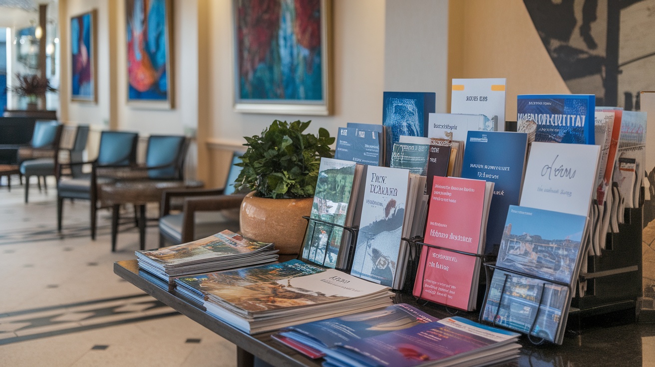 Display of various tourist brochures and maps in a hotel lobby.