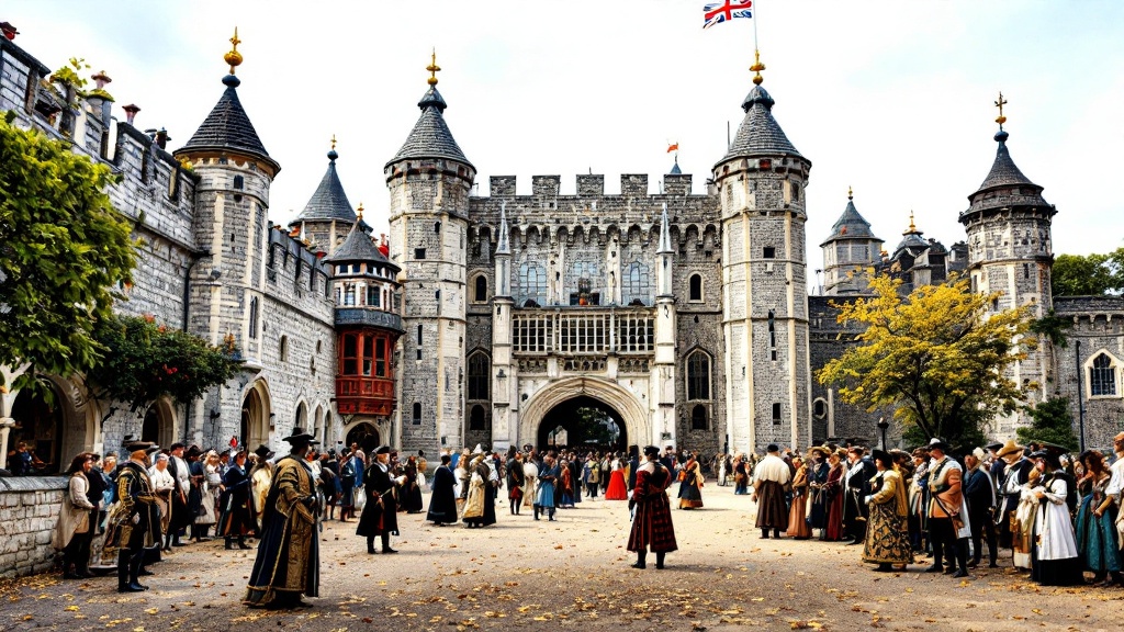The Tower of London with people in historical costumes gathered in front