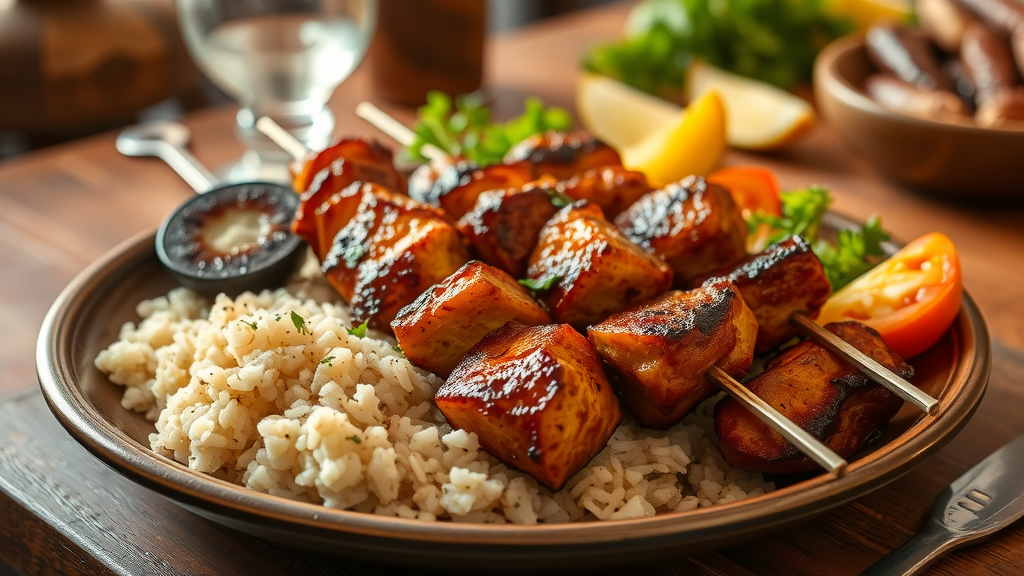 A platter of traditional Turkish kebabs with rice and fresh vegetables