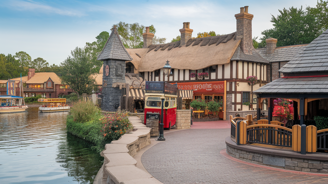 A view of the United Kingdom Pavilion featuring a replica of the Big Ben and lush gardens.