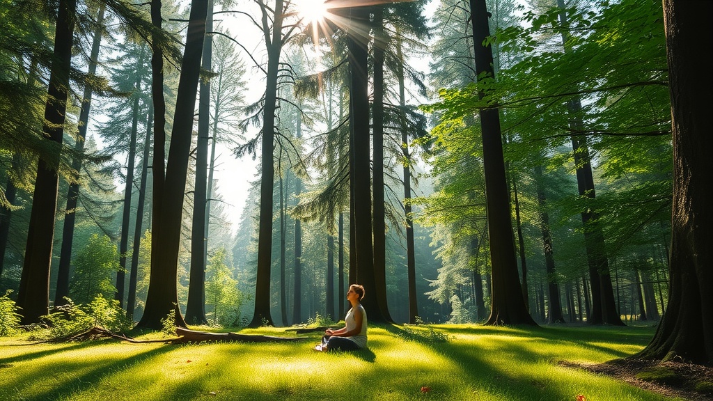 A person meditating in a peaceful forest glade, surrounded by tall trees and sunlight filtering through the leaves.