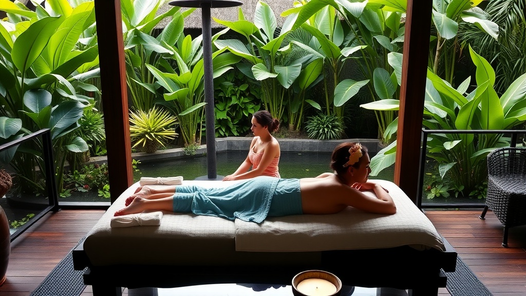 Couple enjoying a massage in a serene spa setting surrounded by greenery.