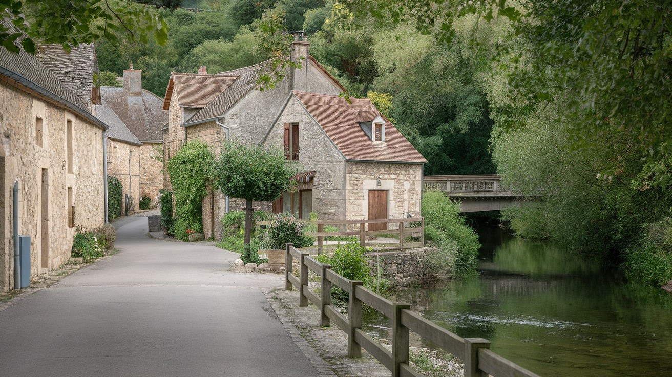 A tranquil village in Dordogne with stone houses, a winding road, and a serene river.