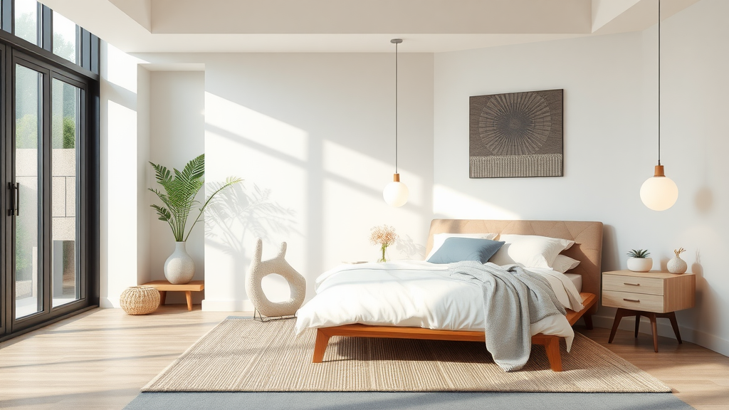 A stylish bedroom with large windows, a wooden bed, soft bedding, and plants, creating a serene atmosphere.