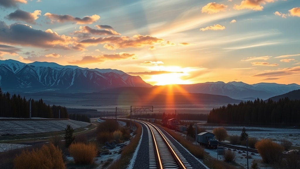 Scenic view of the Trans-Siberian Railway with mountains and sunset.