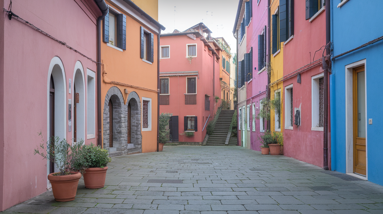 Charming cobblestone street in Trastevere, Rome, lined with cafes and colorful buildings.