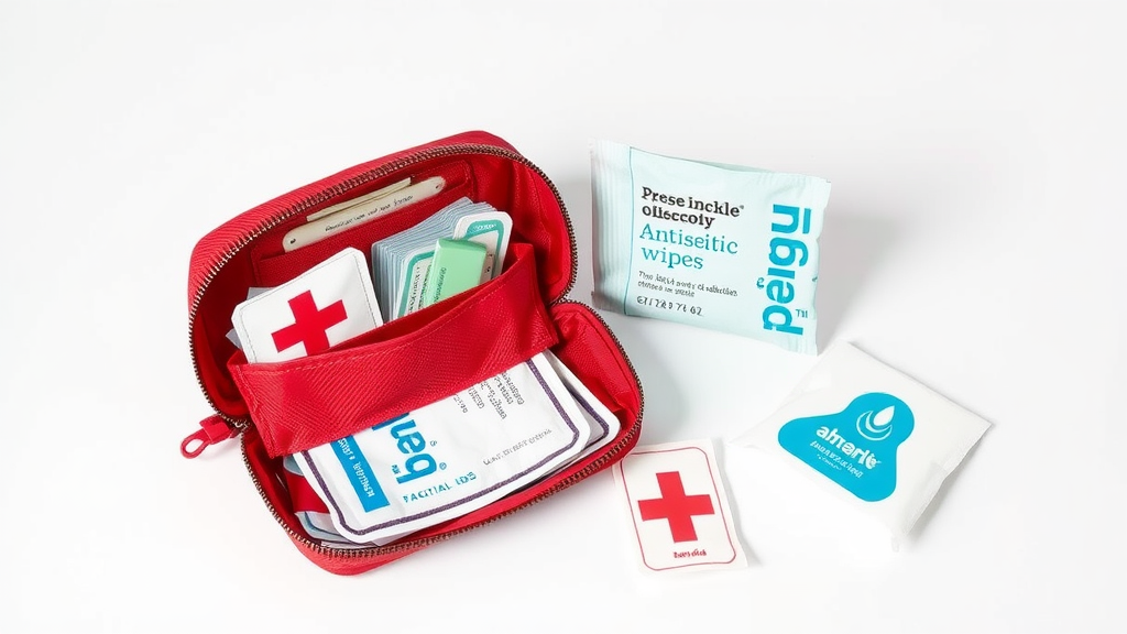 A red travel-sized first aid kit with various medical supplies visible inside.