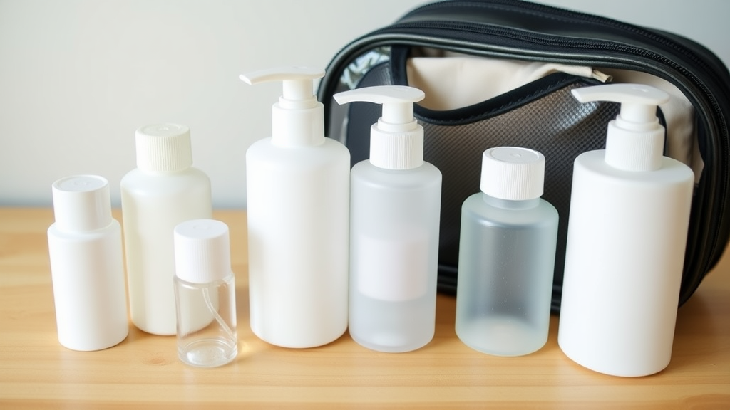 Various travel-sized toiletries arranged neatly with a black case.